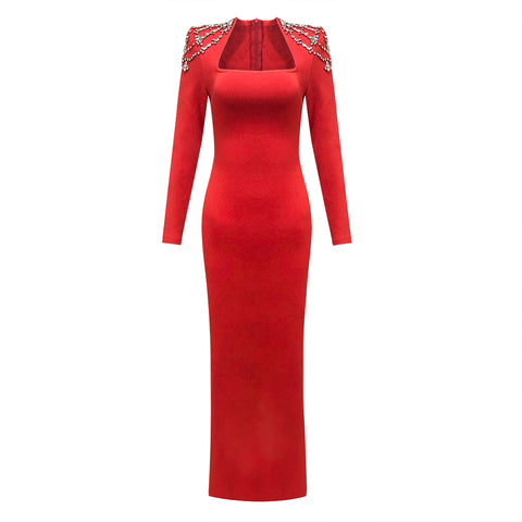 Red Long-Sleeve Gown with Cutout Embellished Shoulders | Square Neck Slim-Fit Elegant Evening Dress