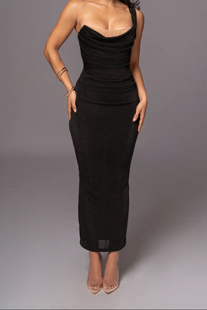 Black Strapless Ruched Bodycon Maxi Dress | Off-Shoulder Elegant Evening Gown