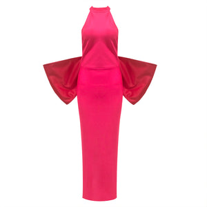 Hot Pink High-Neck Gown with Sculptural Side Panels | Bold Runway-Style Evening Dress | Slim-Fit Formal Gown