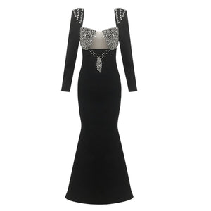 Black Sequin-Embellished Cutout Mermaid Gown | Sparkling Rhinestone Bodice | Detachable Sleeve Evening Dress