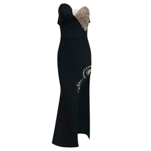 Black One-Shoulder Asymmetric Rhinestone Gown | Sexy High-Slit Slim-Fit Evening Dress