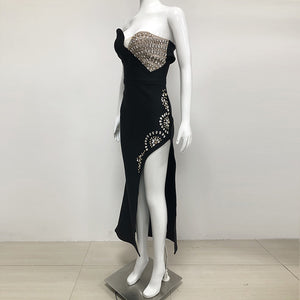 Black One-Shoulder Asymmetric Rhinestone Gown | Sexy High-Slit Slim-Fit Evening Dress