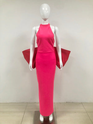 Hot Pink High-Neck Gown with Sculptural Side Panels | Bold Runway-Style Evening Dress | Slim-Fit Formal Gown