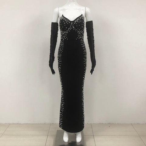 Black Rhinestone Off-Shoulder Gown with Matching Long Gloves | Sparkling Slim-Fit Mermaid Evening Dress