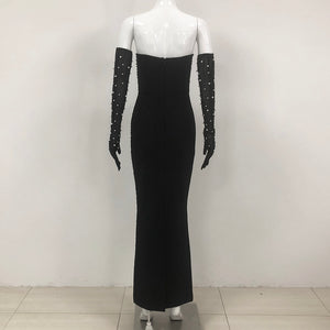 Black Rhinestone Off-Shoulder Gown with Matching Long Gloves | Sparkling Slim-Fit Mermaid Evening Dress
