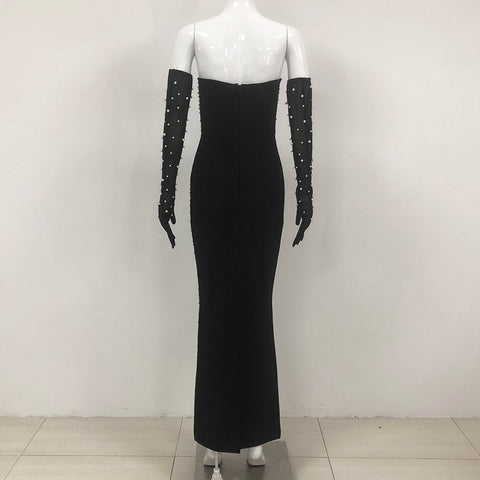 Black Rhinestone Off-Shoulder Gown with Matching Long Gloves | Sparkling Slim-Fit Mermaid Evening Dress