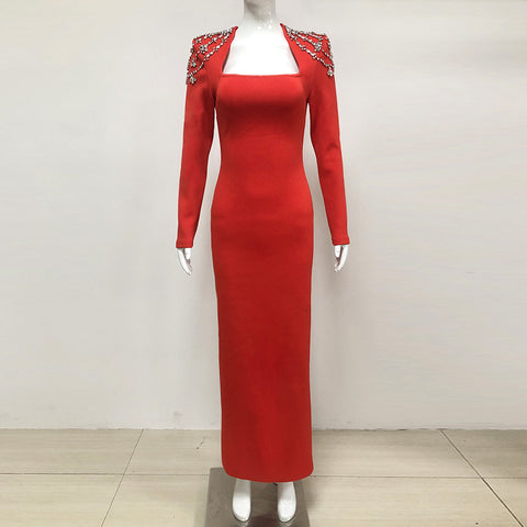 Red Long-Sleeve Gown with Cutout Embellished Shoulders | Square Neck Slim-Fit Elegant Evening Dress