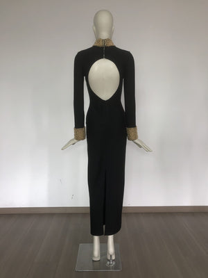 Black High-Neck Backless Gown with Gold Bead Embellished Collar & Cuffs | Elegant Long-Sleeve Formal Dress