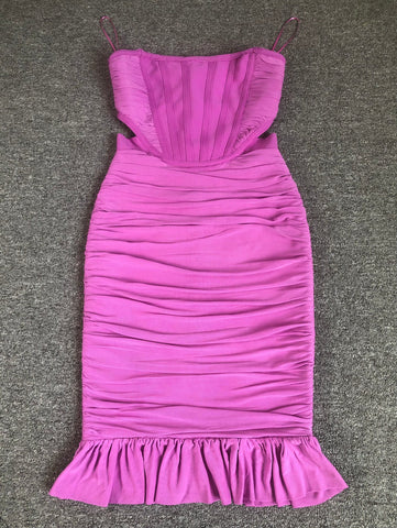 Magenta Ruched Strapless Midi Dress with Ruffled Hem | Slim-Fit Elegant Party & Evening Dress