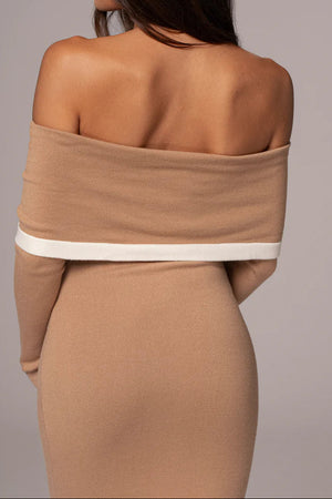 Women’s Off-Shoulder Colorblock Knit Bodycon Dress | Long Sleeve Slim-Fit Elegant Dress