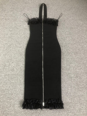 Black V-Neck Feather Trim Spaghetti Strap Midi Dress | Elegant Slim-Fit Party & Evening Gown