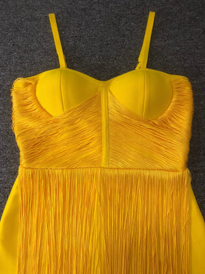 Bright Yellow Fringe Spaghetti Strap Midi Dress | Slim-Fit Party & Dance Gown with Flowing Tassels