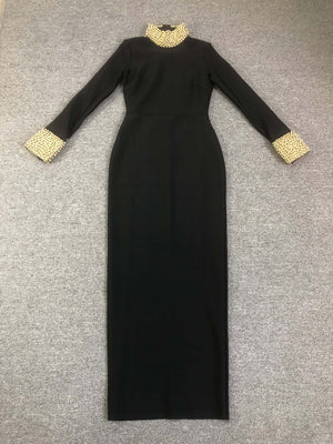 Black High-Neck Backless Gown with Gold Bead Embellished Collar & Cuffs | Elegant Long-Sleeve Formal Dress