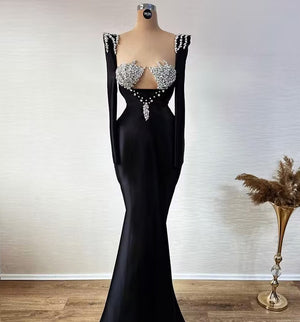Black Sequin-Embellished Cutout Mermaid Gown | Sparkling Rhinestone Bodice | Detachable Sleeve Evening Dress
