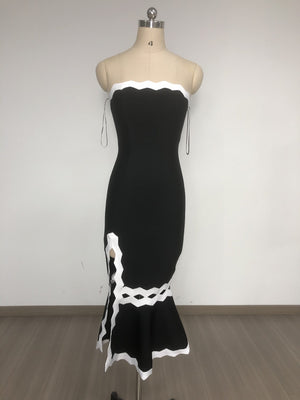 Black Strapless Mermaid Dress with White Wavy Trim | Slim-Fit Elegant Midi Evening Gown