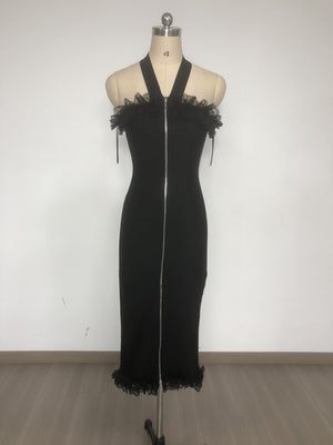 Black V-Neck Feather Trim Spaghetti Strap Midi Dress | Elegant Slim-Fit Party & Evening Gown