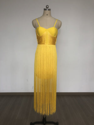 Bright Yellow Fringe Spaghetti Strap Midi Dress | Slim-Fit Party & Dance Gown with Flowing Tassels
