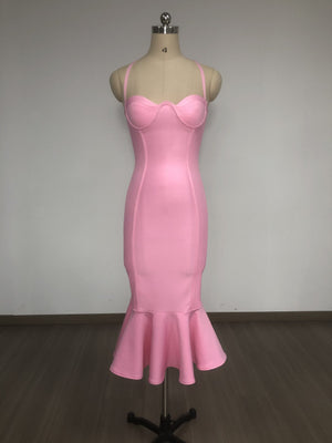 Pink Sweetheart Neck Spaghetti Strap Mermaid Midi Dress | Slim-Fit Romantic Party & Evening Gown