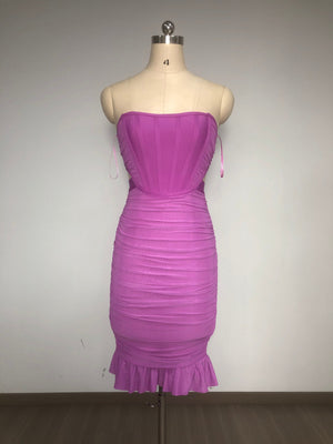 Magenta Ruched Strapless Midi Dress with Ruffled Hem | Slim-Fit Elegant Party & Evening Dress