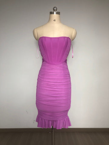 Magenta Ruched Strapless Midi Dress with Ruffled Hem | Slim-Fit Elegant Party & Evening Dress