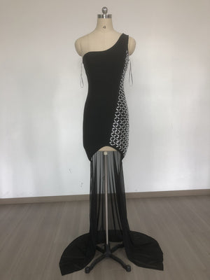 Black One-Shoulder Rhinestone Mesh Panel Gown with Train | Asymmetric High-Slit Mermaid Evening Dress