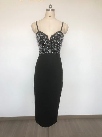 Black Rhinestone Embellished Spaghetti Strap Midi Gown | Slim-Fit Elegant Party Dress