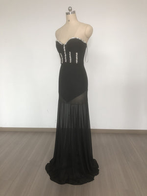 Black Rhinestone Cutout Corset Mermaid Gown with Train | Sexy Slim-Fit Evening Dress