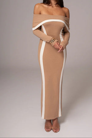 Women’s Off-Shoulder Colorblock Knit Bodycon Dress | Long Sleeve Slim-Fit Elegant Dress