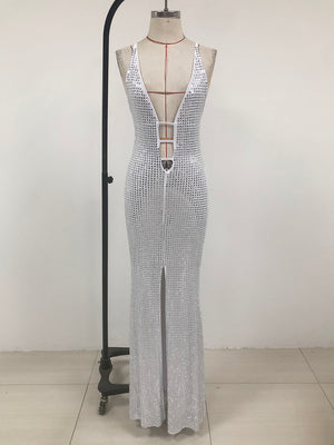 Silver Sequin Deep V Backless Gown with High Slit | Glamorous Shiny Evening Dress