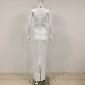 White Sequin Halter Evening Gown with High Slit | Slim-Fit Backless Party Dress