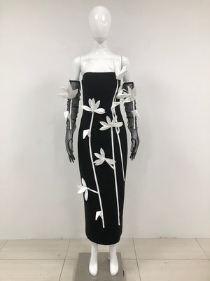 Black Strapless Gown with 3D White Ribbon Detailing | Couture-Inspired Long Sleeve Formal Dress