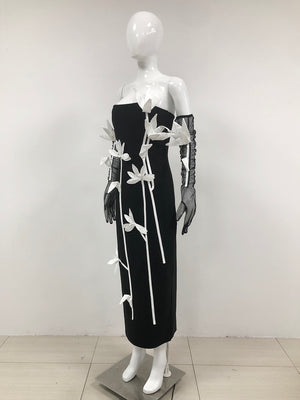 Black Strapless Gown with 3D White Ribbon Detailing | Couture-Inspired Long Sleeve Formal Dress
